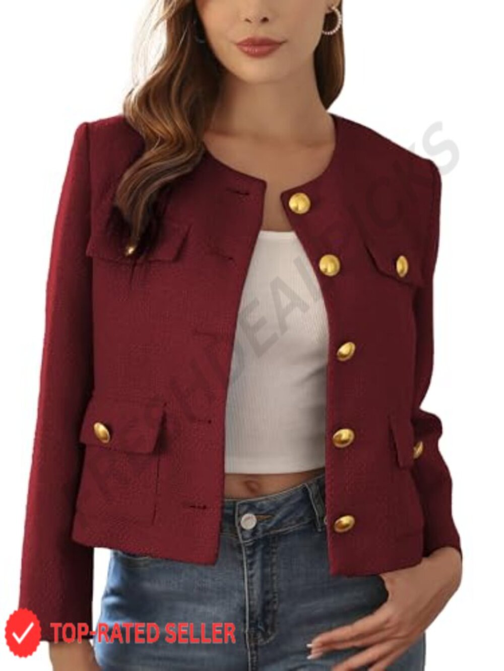 Cropped Tweed Blazer Collarless Gold-Tone Button Lined Women's